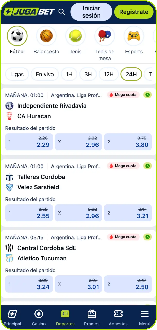 Navega por la interfaz de deportes en la app de Jugabet Argentina y haz tus apuestas en vivo.