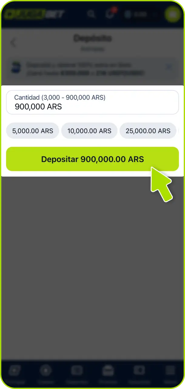 Realizá tu primer depósito seguro para cargar saldo en tu cuenta de Jugabet Argentina.