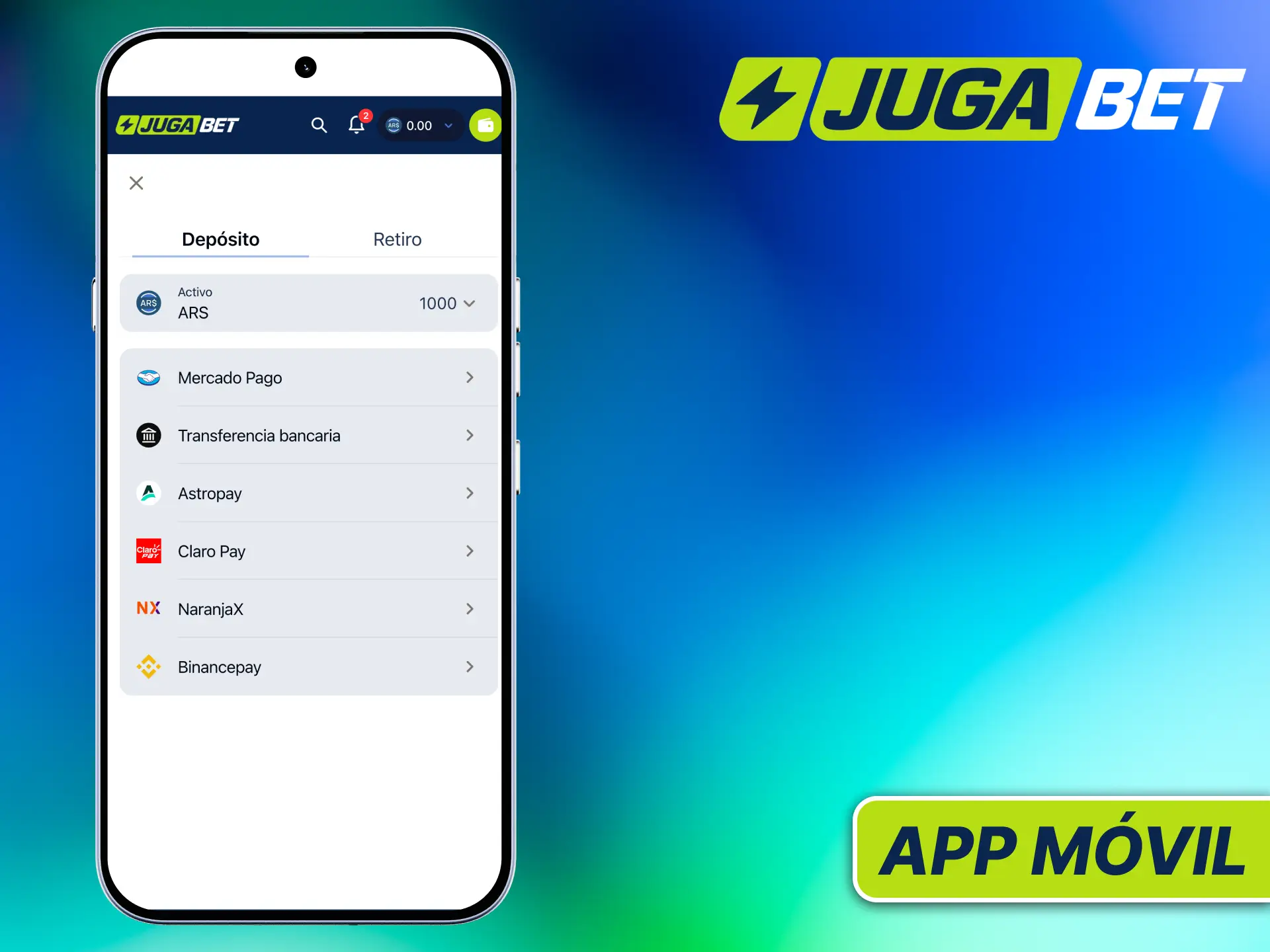Gestioná tus depósitos y retiros de forma sencilla desde la app móvil de Jugabet Argentina.