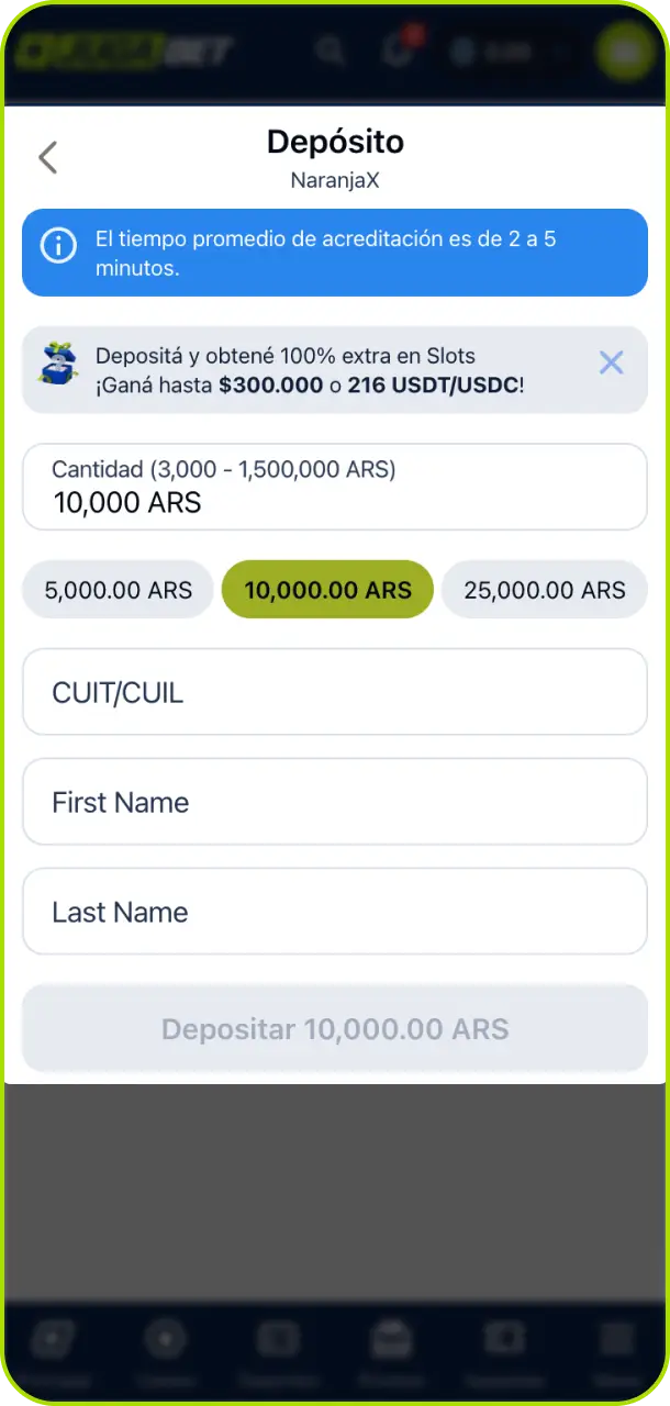 Realizá tu primer depósito seguro para cargar saldo en tu cuenta de Jugabet Argentina.