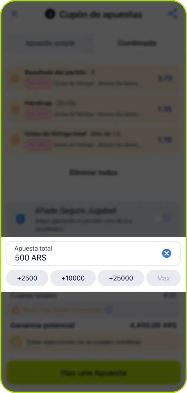 Configurá el monto que deseas jugar en tu cupón de Jugabet Argentina.