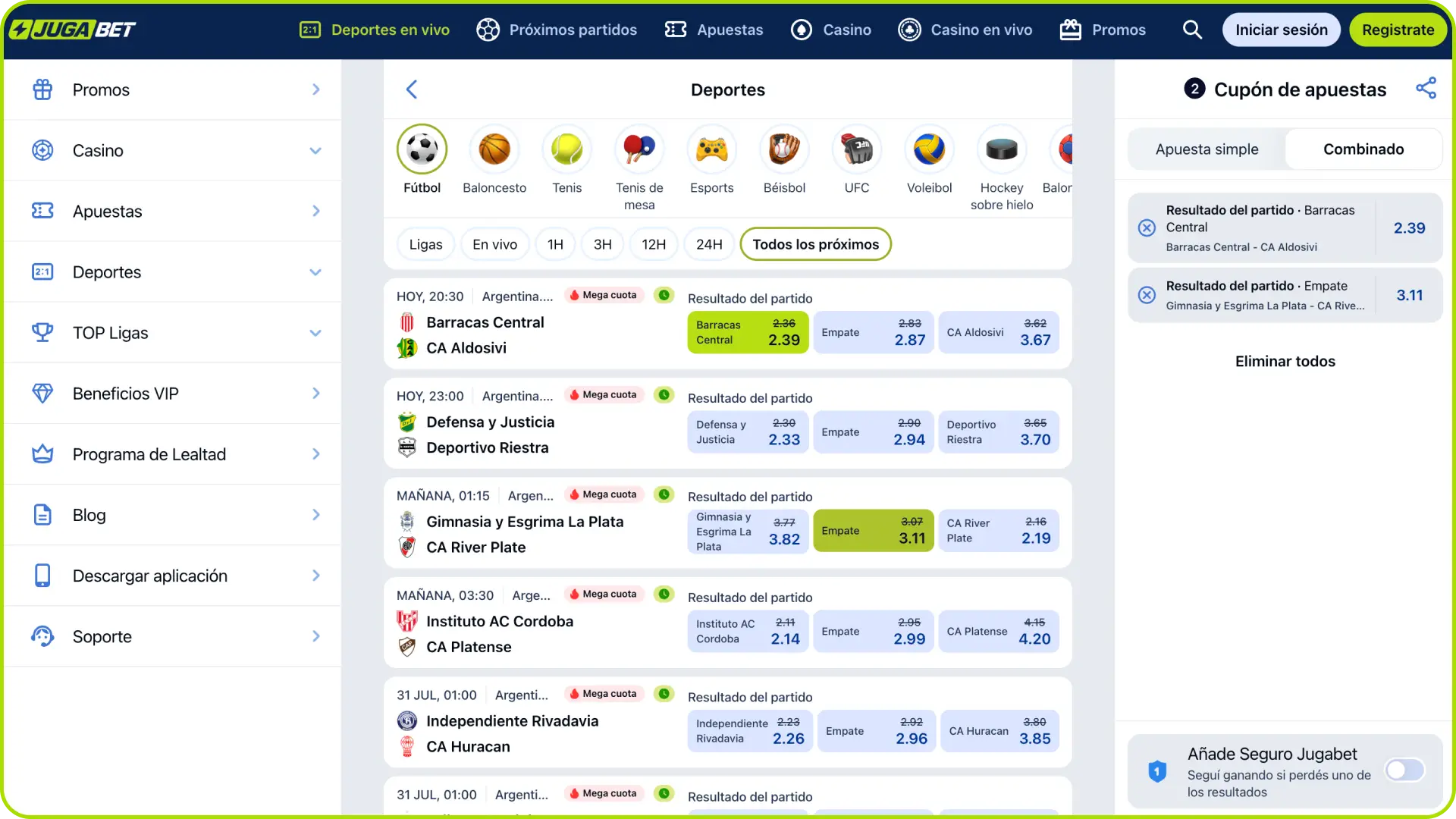 Disfruta de la interfaz de deportes en Jugabet Argentina para hacer tus pronósticos.